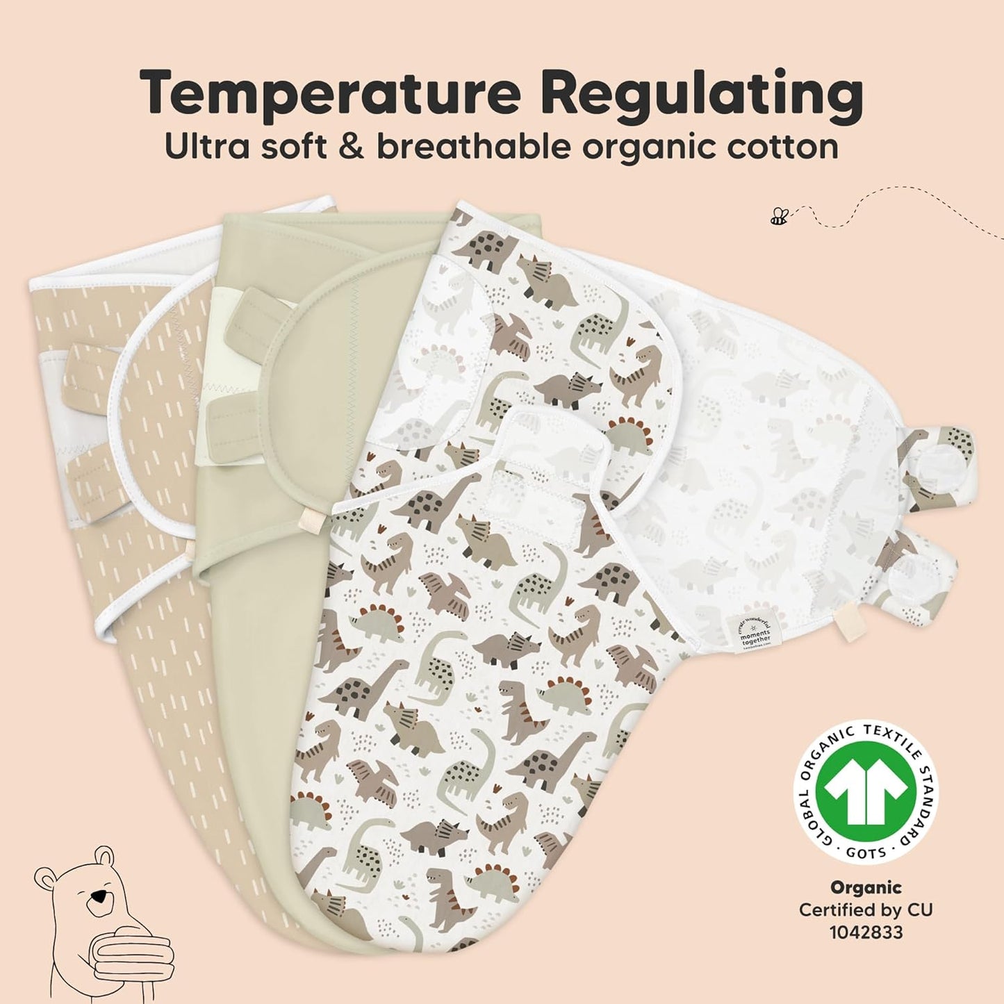 3-Pack Organic Baby Swaddle Sleep Sacks - Swaddles for Newborns, Infant 0-3 Months, Baby Girls, Boys, Soft & Snug Newborn Sleep Sack, Nursery Swaddling Blankets (Dino Ridge)