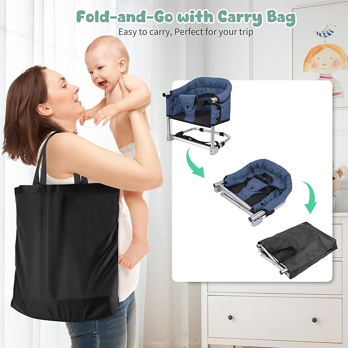 Booster Seat for Dining Table: Portable Toddler Booster Chair with Safety Buckle and Height Adjustable, Foldable Baby Feeding Chair, Kids High Chair Booster Seat for Kitchen Home Travel - Navy Blue