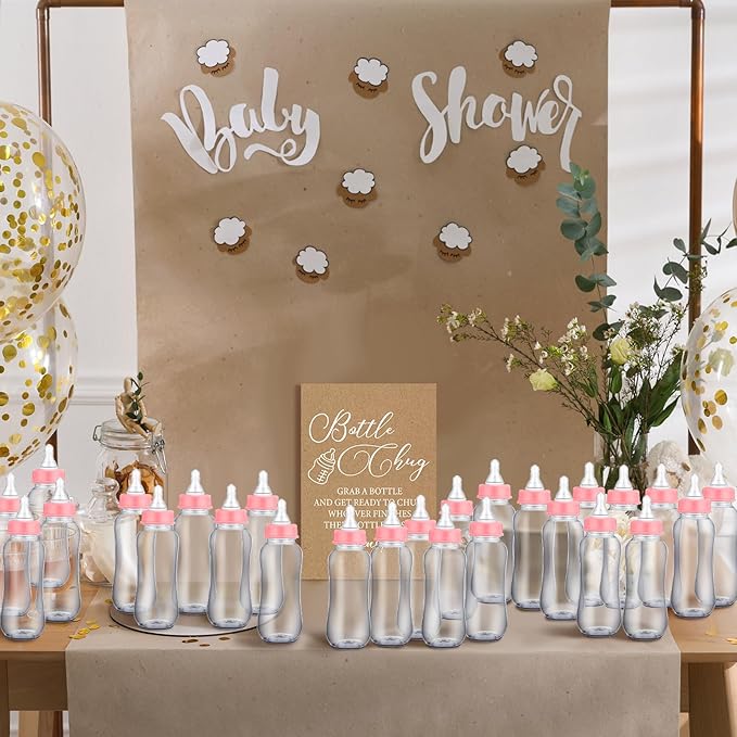 TrelaCo Cool Baby Shower Games Wooden Bottle Chug Sign Rustic Theme Gift Sets and 12 Pcs Baby Bottle Shower Favor for Kraft Games Gender Reveal (Rustic Kraft)