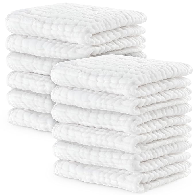 Comfy Cubs Muslin Baby Washcloths 10 Pack - Soft 6-Layer Cotton Wash Cloths for Sensitive Skin - 10"x10" Large, Gentle, Absorbent Infant Essentials for Newborn and Toddlers - White
