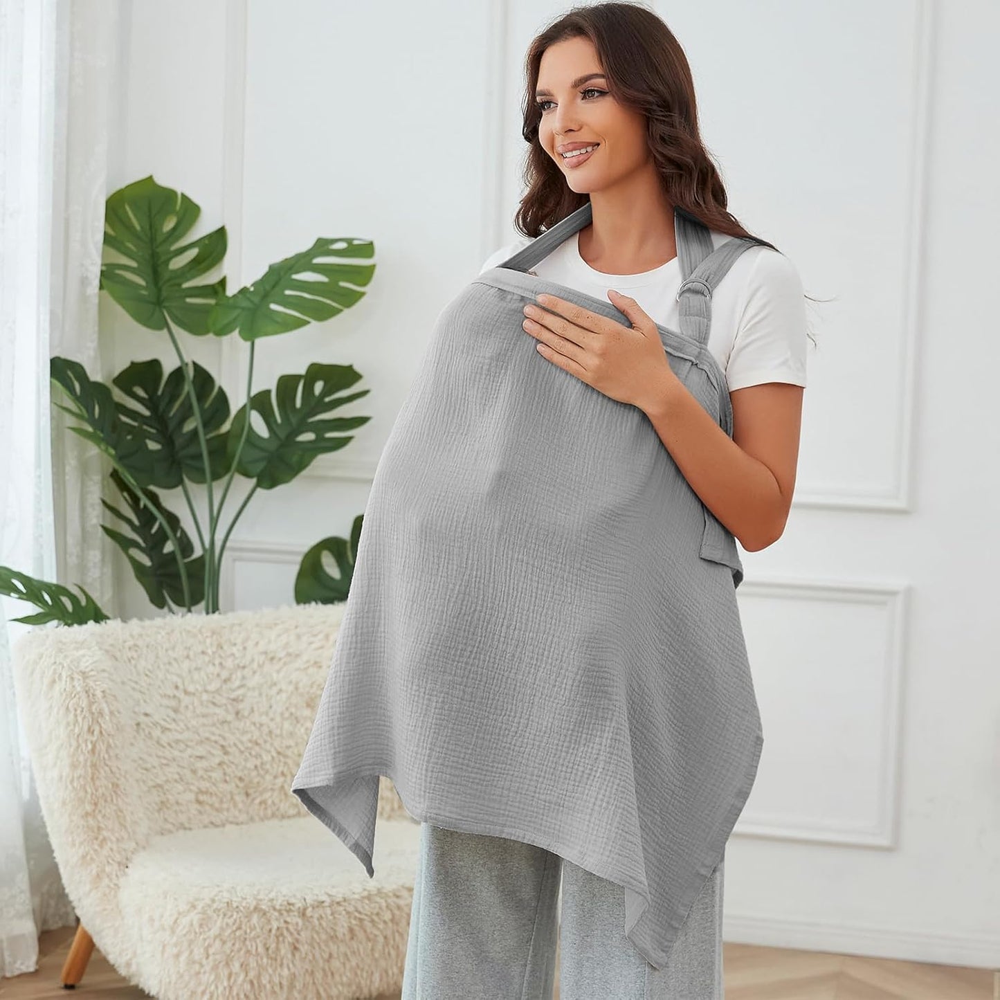 Nursing Cover for Baby Breastfeeding with Rigid Hoop, Breathable Soft 100% Muslin Cotton, Baby Breast Feeding & Pumping Apron (Grey)