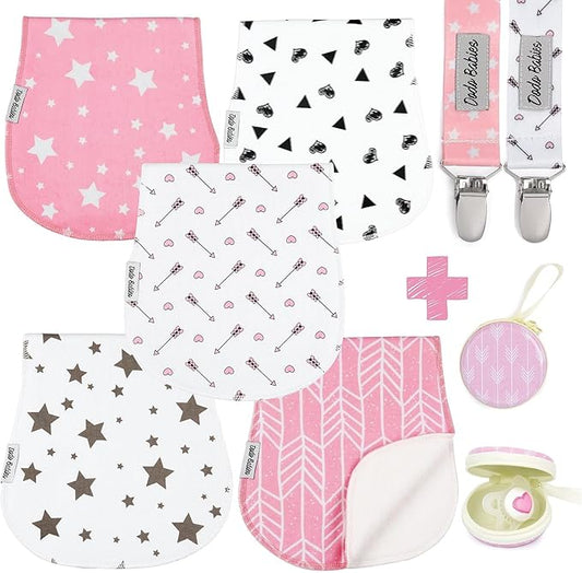 Dodo Babies 5-Pack Baby Burp Cloths - Soft & Absorbent Baby Spitup Cloths - Contoured Shape for Infant Essentials - Includes Pacifier Clips & Pacifier Case - 19 x 9 in, 2 Clips & Case, Pink/White/Grey