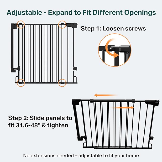 Cumbor 34" Extra Tall No Bottom Bar Baby Gate for Stairs, Wall Mounted Dog Gate Indoor for Larger Pets, Expandable 31.6-48" Safety Gate for Doorways, Wide Walk Thru Door for Easy Access (Black)