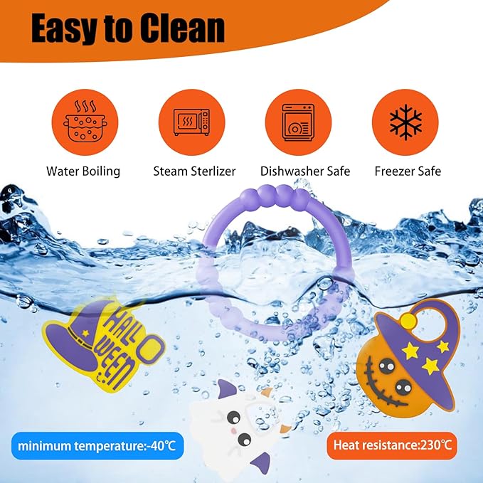 Halloween Baby Teething Bracelet with 3pcs Teether-Soft Pumpkin, Ghost&Witch Hat Textured Silicone Teether for 0-12months, Baby Sensory Chew Teething,Sensory Chew Bracelet for Baby’s First Halloween