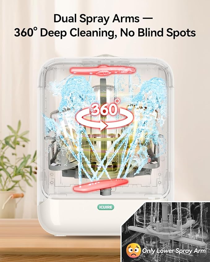 ICUIRE Baby Bottle Washer and Sterilizer and Dryer, 131-167°F High Temperature Sterilize for Baby Stuff, 3.2L Water Tank to Clean Bottles, Pump Part &Pacifiers&Bowl, Newborn Parents One-Hand Operation