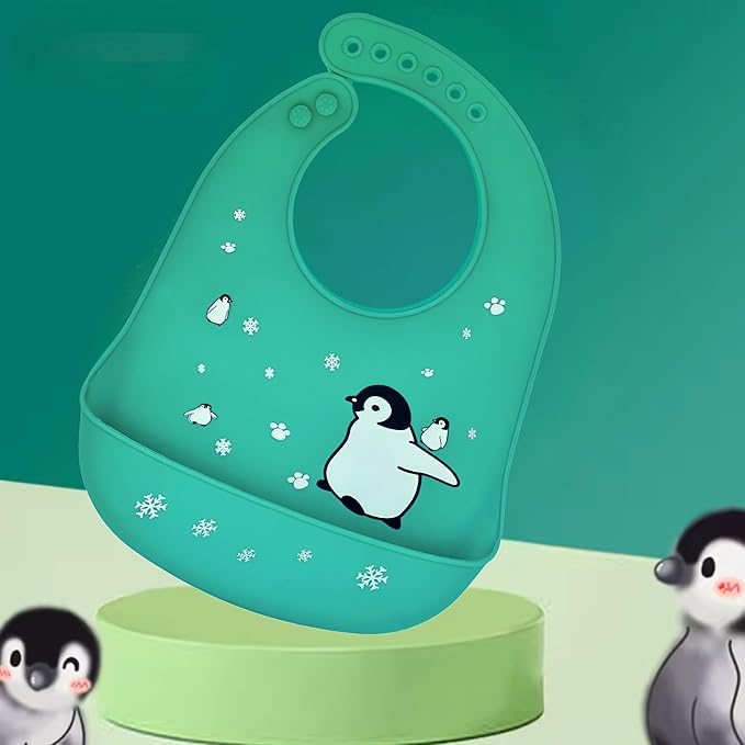 Silicone Baby Bibs Unisex, Self-Feeding, Catch-all Large Pocket, 6-48 months, BPA-Phthalate Free, w/Travel Case