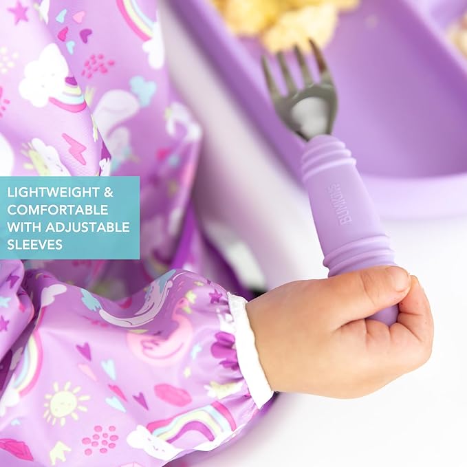 Bumkins Sleeved Bib for Girl or Boy, Baby and Toddler for 6-24 Mos Essential Must Have for Eating, Feeding, Baby-Led Weaning Supplies, Long Sleeve Mess Saving Food Catcher, Soft Fabric, Unicorn Purple