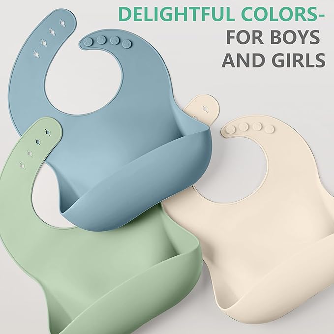 Cuddle Campus Set of 3 Silicone Bibs for Babies & Toddlers,Soft Adjustable Bibs with Pocket Food Catcher for Baby Girl,Boy