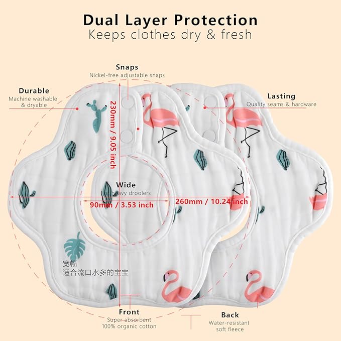 8-Pack 360° Rotate Organic Cotton Baby Bibs, Newborn Muslin Bibs For Teething And Drooling,Unisex Baby Bibs For Toddler, Adjustable With Snaps, Super Soft & Absorbent Baby Bibs For Boys And Girls.