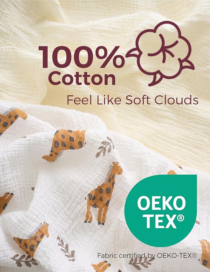 Momcozy Muslin Standard Fitted Crib Sheets, 52"x28", 2 Pack Soft Breathable Natural Cotton Baby Mattress Sheet, 360° Mattress Wrapping No Slip Boys Girls Neutral Toddler Bed Sheet, Bravery Giraffe