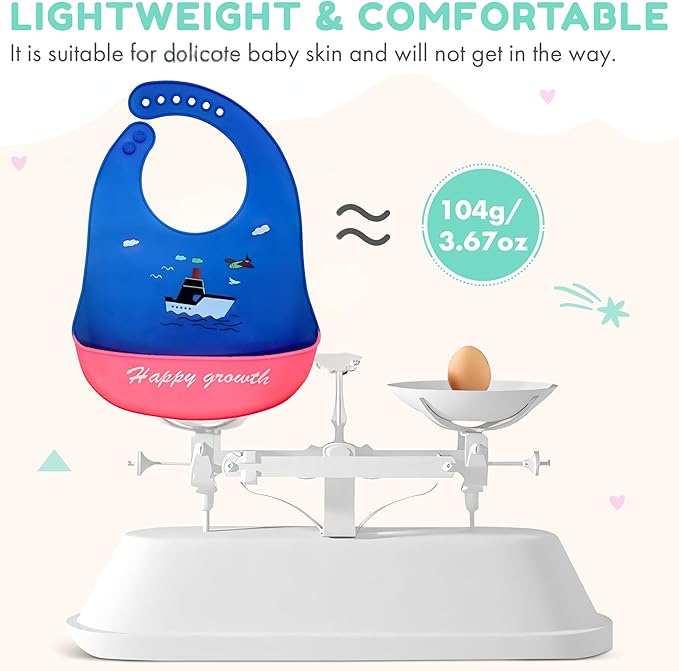 Silicone Baby Bibs Unisex, Self-Feeding, Catch-all Large Pocket, 6-48 months, BPA-Phthalate Free, w/Travel Case