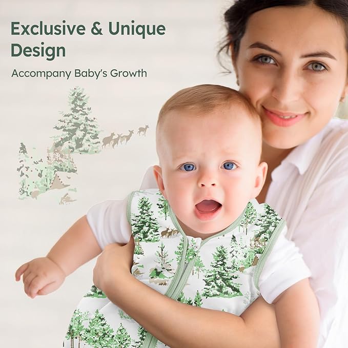 Baby Sleep Sack 0-6 Months 100% Cotton Lightweight 0.5 TOG Wearable Blanket Baby Sleep Bag with 2-Way Zipper for Newborn Infant Green Pine Tree