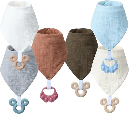 Baby Teething Bibs 6-Pack with Attachable Teether - 100% Organic Cotton, Super Absorbent & Soft Drool Bibs