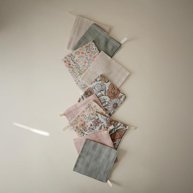 mushie Muslin Organic Cotton Washcloths 5-Pack (Pastel Blooms Combo) | Soft Wipes for Baby Cleanups and Bathing