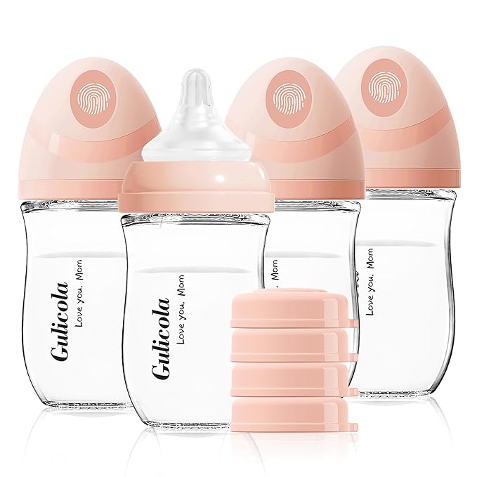 Gulicola Natural Glass Baby Bottle 4 Pack, Newborn Breastfeeding Bottles Set, Extra Slow Flow Nipples (SS), Anti Colic, 0 Months+, 5 oz - Pink