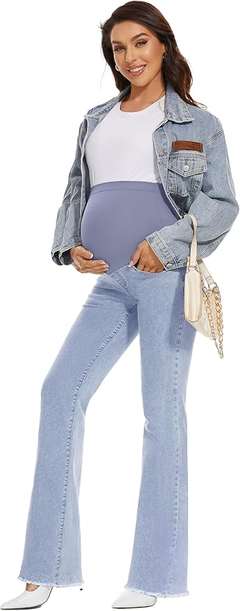 GLAMIX Women's Stretch Maternity Bootcut Jeans with Pockets Over The Belly Bell Bottoms Flare Denim Pants Pregnancy Clothes