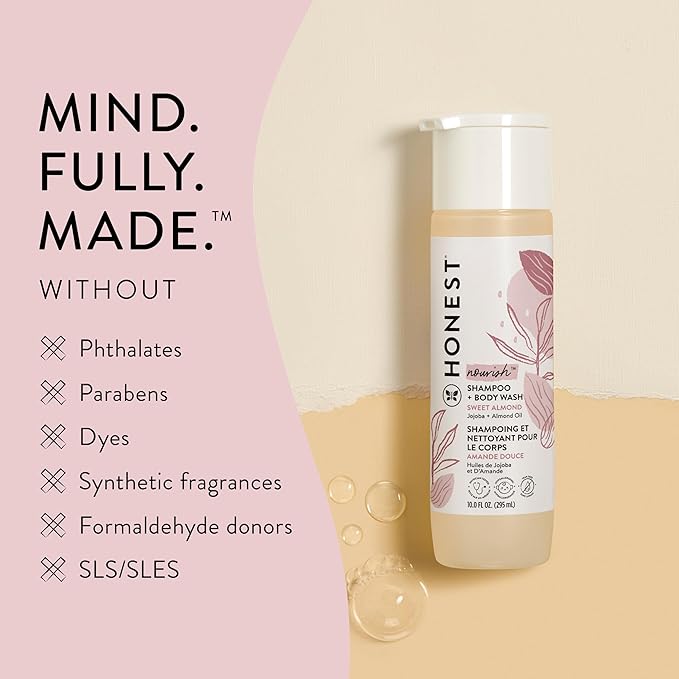 The Honest Company 2-in-1 Cleansing Shampoo + Body Wash | Gentle for Baby | Naturally Derived, Tear-free, Hypoallergenic | Sweet Almond Nourish, 18 fl oz