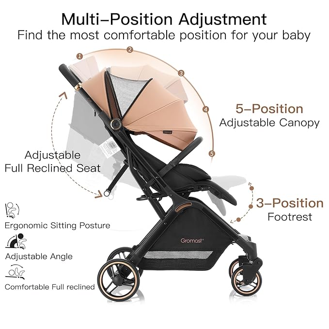 Gravity Folding Baby Stroller - Portable Travel Toddler Stroller w/Adjustable Backrest & Canopy, Cup Holder, Lightweight and UV Protected, One-Hand Automatic Folding - Khaki
