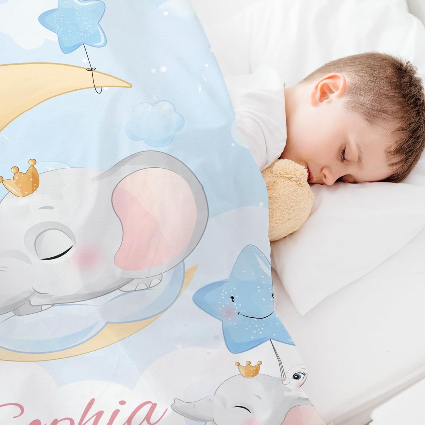 Personalized Baby Blanket with Name, Custom Elephant Name Blankets Toddler Girls Soft Flannne Swaddling Blankets Azure Color Customized Memorial Gift from Nana for Infant Newborn Shower