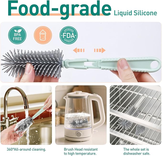 Baby Bottle Brush Set, 6-in-1 Travel Bottle Cleaning Kit with Silicone Bottle Brush, Nipple & Straw Brush, Soap Dispenser, Drying Rack, Storage Box – Compact Travel Baby Essential for Home & On-The-Go