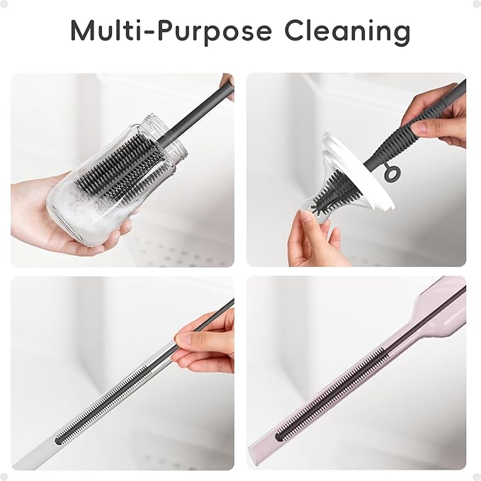 Baby Bottle Brush and Straw Cleaner Brush Set, Extra Long Double-Ended Soft Silicone Brush Cleaner for Baby Bottles, Water Bottles, Cups, Breast Pumps, Detachable & Hangable