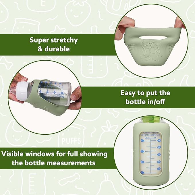 KingKam 4 Pack Silicone Sleeves for Dr. Brown's Glass Baby Bottles, Anti Breakage Baby Bottle Sleeves Holder, Compatible with Dr. Brown's Newborn Narrow Glass Baby Bottles 4oz
