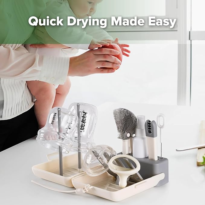 haakaa Travel Bottle Brush Set – 7-in-1 Baby Bottle Cleaner Kit with Bottle Brush, 360° Brush, Straw Brush, U-Shaped Brush, Spray Bottle&Drying Rack for Home and Travel