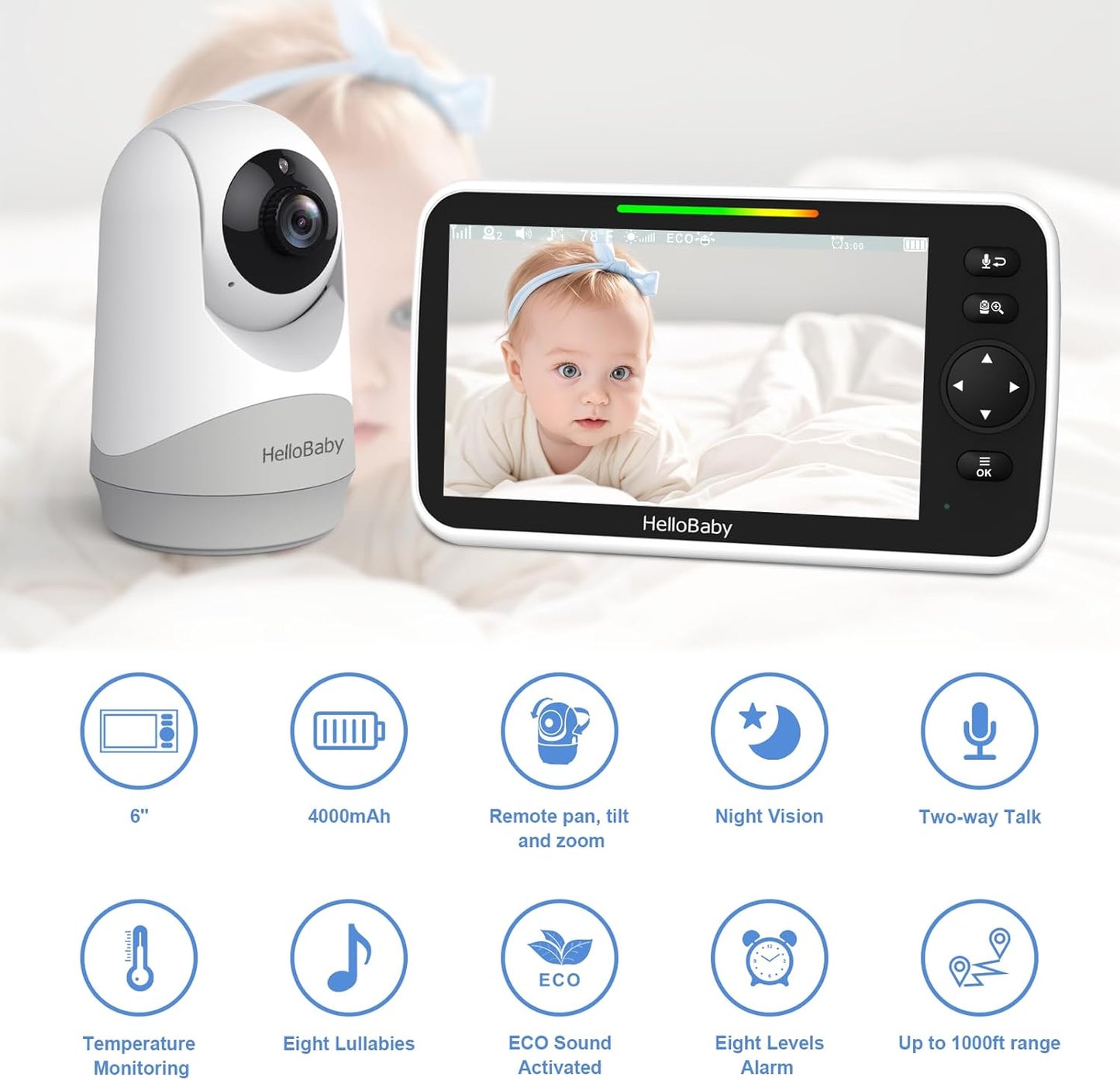 HelloBaby 6”IPS Large Screen, Video Baby Monitor with Upgraded 4000mAh Battery, 2-Way Talk, Night Vision, Pan-Tilt-Zoom, No WiFi, ECO Mode