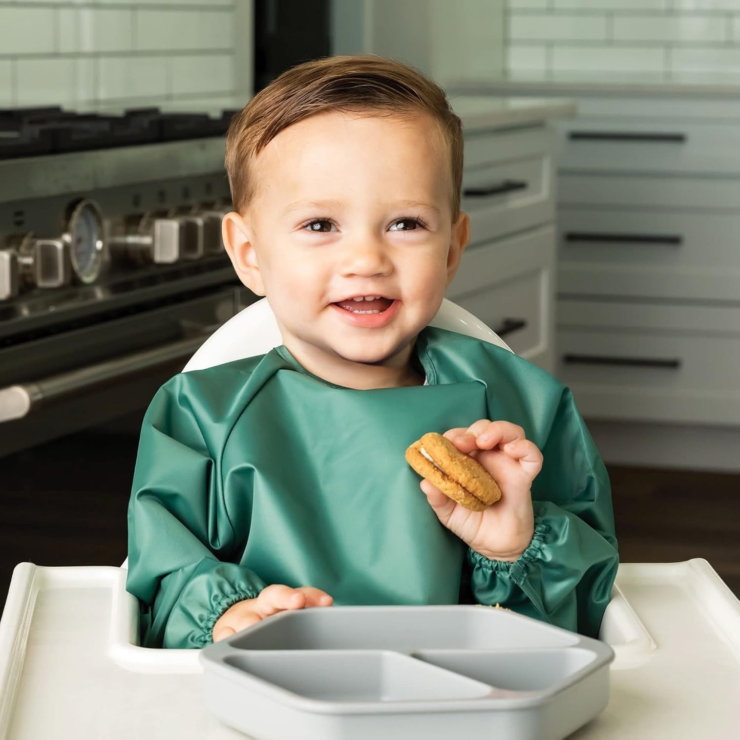 Tiny Twinkle Mess Proof Baby Bib,Waterproof Smock Bibs for Eating,Washable Long Sleeve Bib for Toddler(Olive Green, Large 2-4 Years)