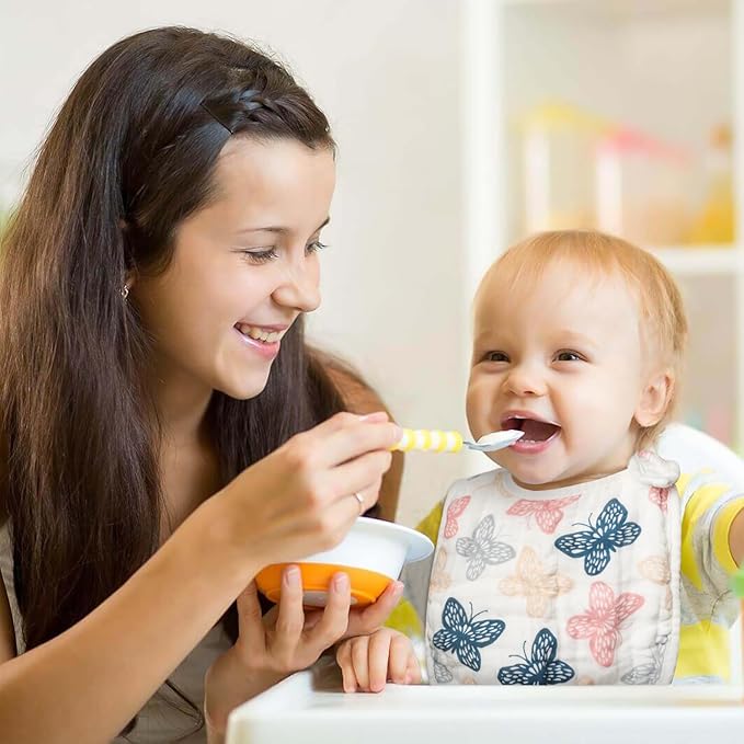 Zainpe 6Pcs Snap Muslin Cotton Baby Bibs Spring Butterflies Flowers Bib with 6 Absorbent Soft Layers Adjustable Burp Cloths for Infant Girl Boy Toddler Drooling Eating Teething Feeding 0 to 24 Months