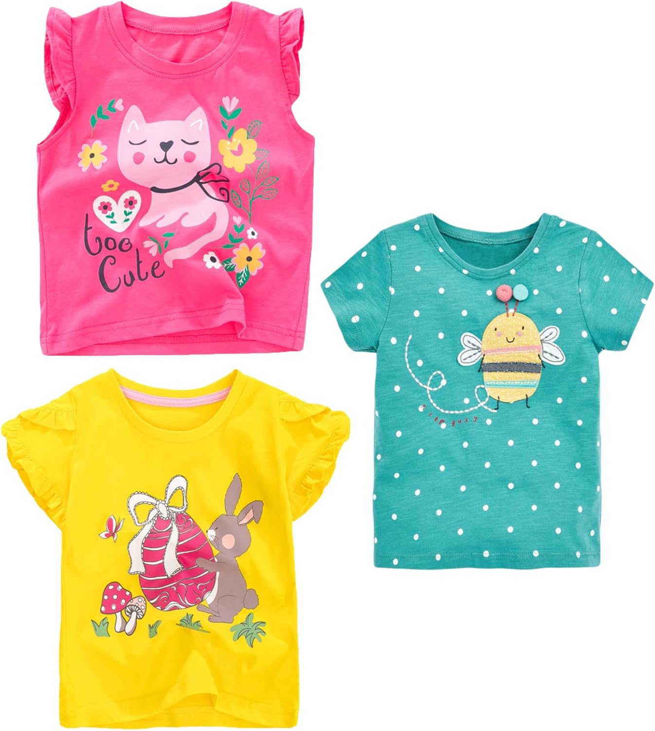 HILEELANG Girls' Tees Ruffle Short Sleeve T-Shirt Cotton Casual Graphic Summer Crewneck Tunic Tops