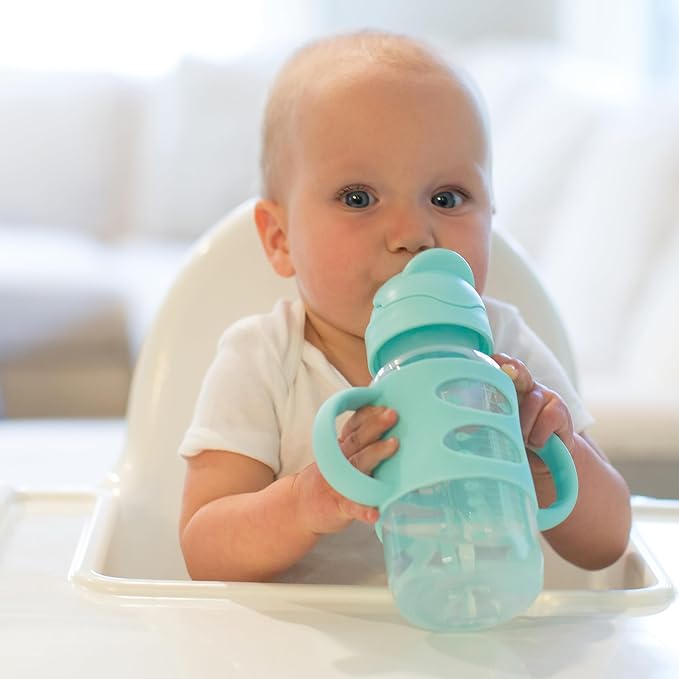 Dr. Brown's Milestones Wide-Neck Sippy Straw Bottle with 100% Silicone Handles and Weighted Straw, 9 oz/270 mL, Green, 6m+