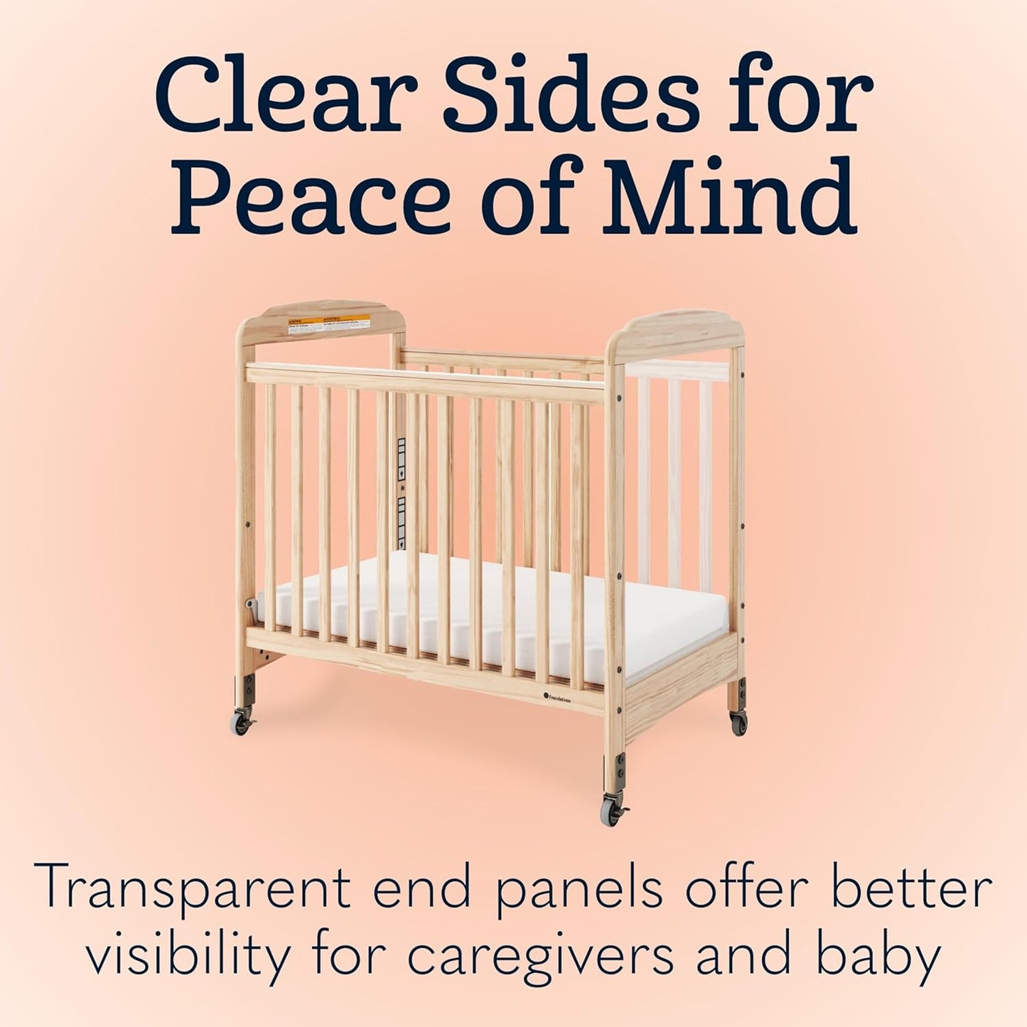 Foundations Serenity Compact Clearview Daycare Crib, Fixed Side, Durable Wood Construction, Adjustable Mattress Board, Clear End Panels. Includes 3” InfaPure Foam Mattress (Natural)