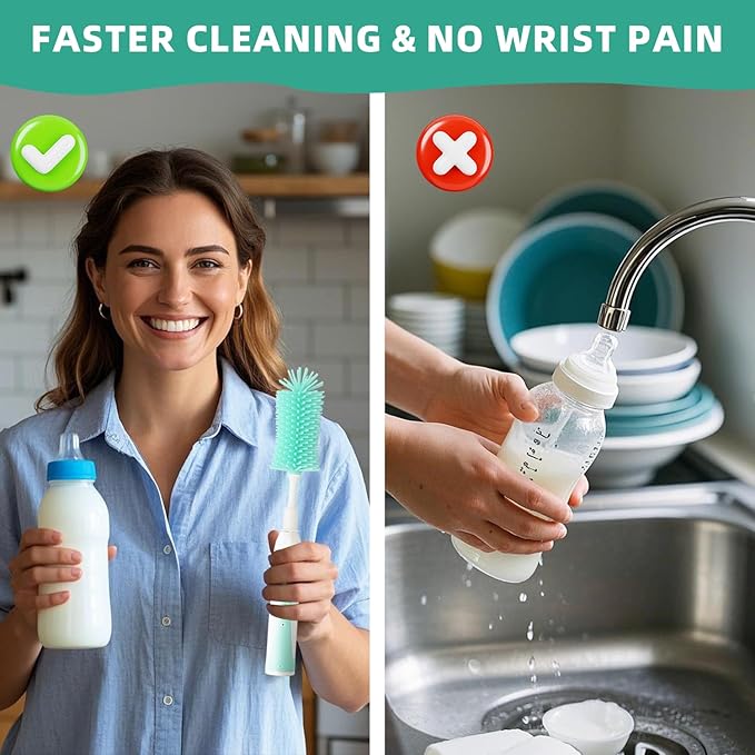 Electric Bottle Brush,Electric Baby Bottle Brush Set with Silicone Bottle/Pacifier/Straw Brush and Mixing Head, Water Bottle Cleaner Brush with Drying Rack, 2 Modes & 360° Rotation (Green)