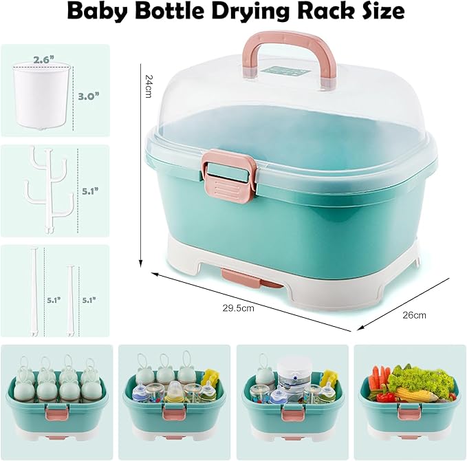 Baby Bottle Organizer for Storage, Baby Bottle Storage Large Capacity with Lid Cover Anti-Dust Protection and Cutlery Storage Drying Rack Portable Large Capacity Bottle Organizer(Green)