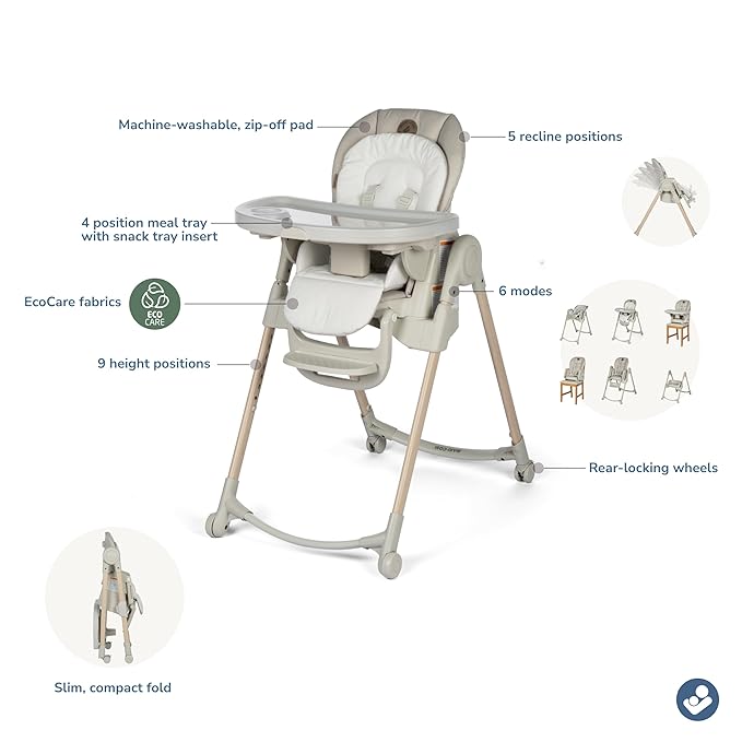 Maxi-Cosi Minla 6-in-1 High Chair for Babies & Toddlers, Portable Foldable Highchair, EcoCare Fabric, 9 Heights, 5 Reclines, 4 Tray Positions, Classic Oat