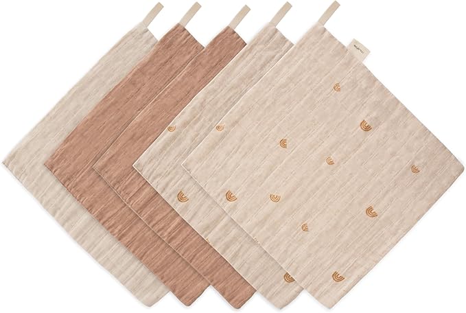 mushie Muslin Organic Cotton Washcloths 5-Pack (Rainbow Combo) | Soft Wipes for Baby Cleanups and Bathing