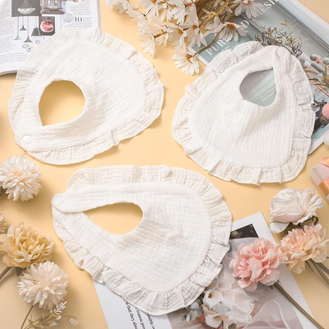 Seematn 10 Pcs Baby Muslin Bibs Drool Bibs Bandana Ruffle Soft Cotton for Newborn Baby Infants Girl Teething Toddlers Boy(White)