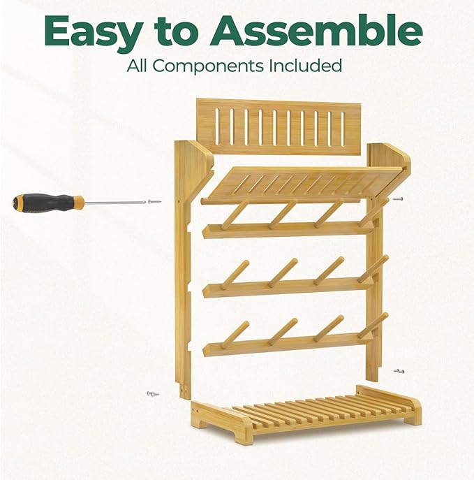 EsLuker.ly Baby Bottle Drying Rack Bamboo Vertical Dryer Holder, Space Saving for 12 Milk Glass Bottle Countertop, Wooden Drain Stand Shelf for New Parents