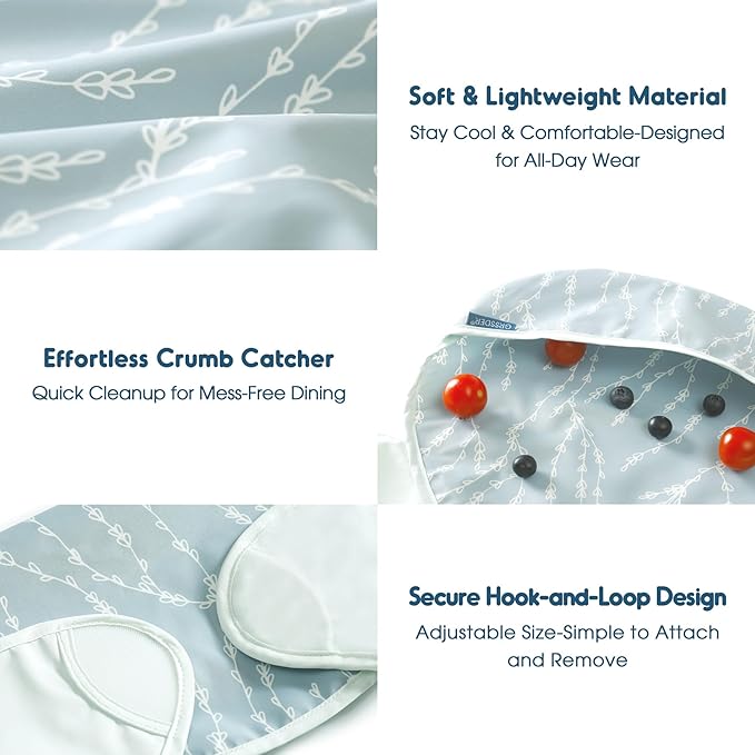 GRSSDER 3-pack Mess Proof Baby Feeding Bibs with Food Catcher Pocket, Soft Lightweight Waterproof Fabric Material with Zero Plastic-like Feel, Adjustable and Easy Clean Toddler Bibs for 6-36 Months