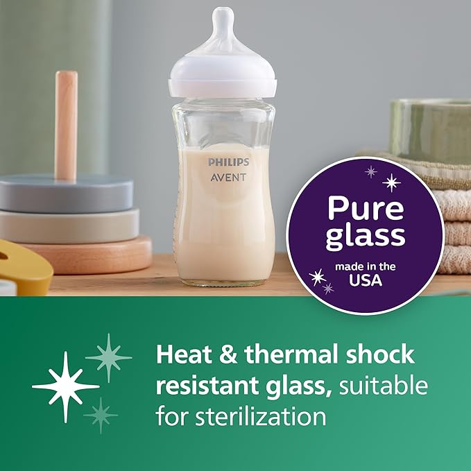 Philips Avent Natural Glass Baby Bottle with Natural Response Nipple (Medium Flow, Flow 3), 8oz, SCY913/01