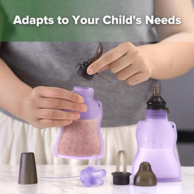 haakaa Baby Food Pouch Refillable Baby Squeeze Silicone Yummy Pouch, Soft Reusable Squeeze Storage Food Pouch for Kids Toddler,Home Made Food Puree,Smoothie Pouch Bag, 4oz, 4 Pack,6m+(Lavender)