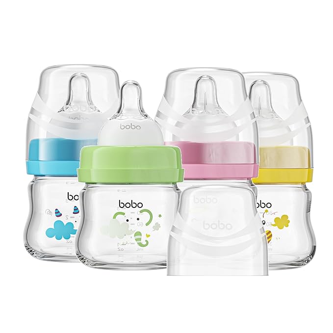 YOHKOH Glass Baby Bottles with Slow Flow Nipple, Newborn Anti-Colic Baby Bottles for 0+ Months, Wide Neck Feeding Bottle, Clear (Multicolour, 2.7oz (Pack of 4))