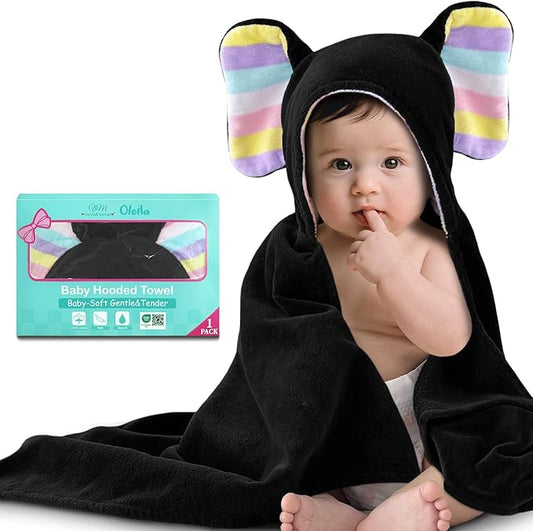 VOOVA & MOVAS Thick Baby Hooded Bath Towel - 100% Cotton,500GSM, 33x31.5 Inches,0-2Years, Super Absorbent Large Towel with Cute Elephant Ears Hood for Newborn, Baby, Infant, Baby Essentials,Black