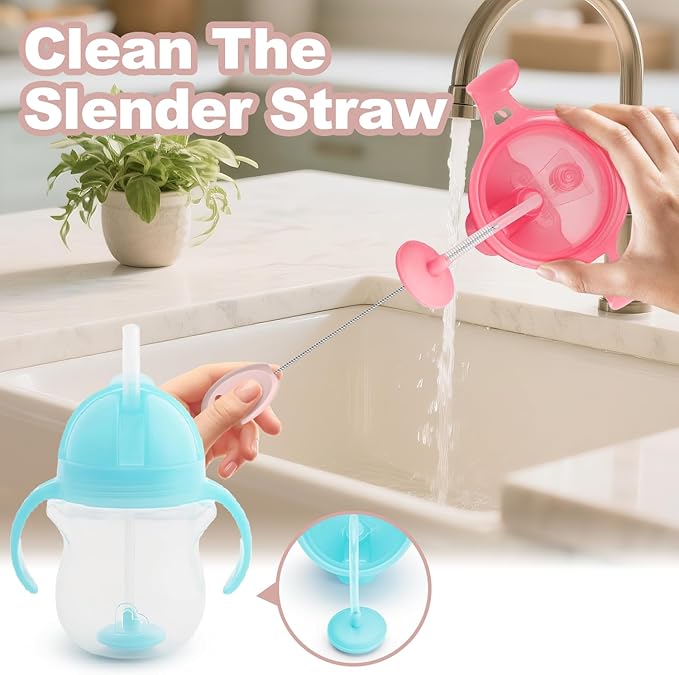 YOTIME Standing Straw Cleaner Brush Set, 4in1 Reusable Straw Brushes with Holder Ring, for Baby Bottles, Sippy Cups and Lids, Pink