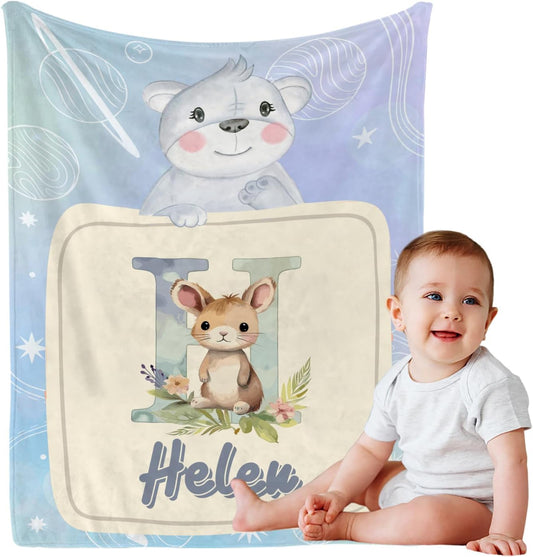 Personalized Baby Blanket with Name, Custom Cute Animal Alphabet Name Blankets Toddler Girls Soft Flannne Receiving Blankets Customized Monogram Memorial Gift from Nana for Infant Newborn Shower