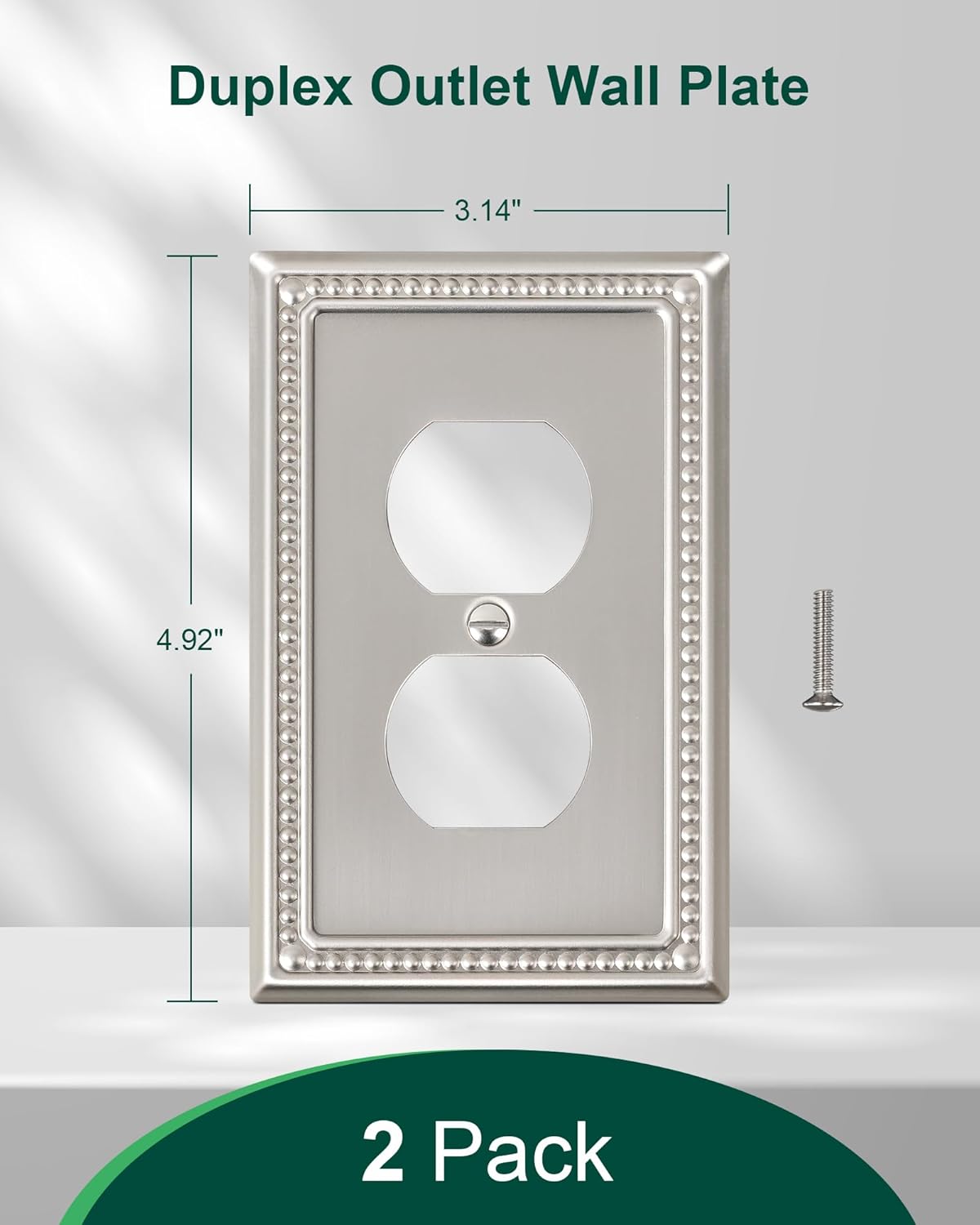 2-Pack Duplex Outlet Cover Plate, Metal Wall Plates for Electrical Outlets, Brushed Nickel 1 Gang Receptacle Cover, Pearls Decorative Switch Plates and Outlet Covers