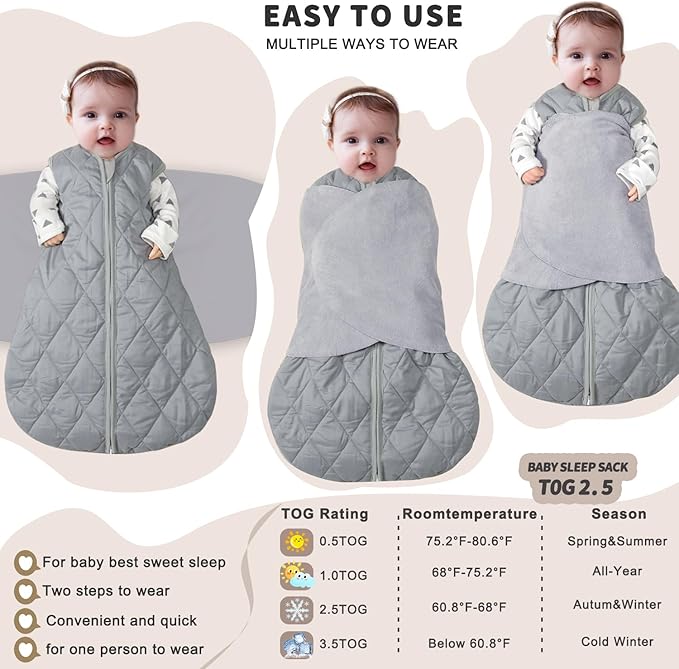 Newborn Sleep Sack Baby Swaddle,3-Way Adjustable Wearable Blanket,Swaddling Sleeping Bag,TOG 2.5 (Gray, 0-3 Months)