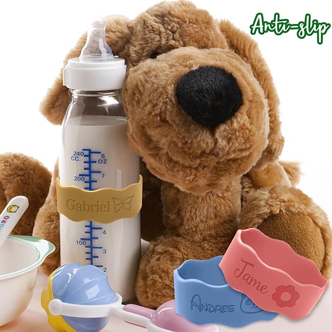 Personalized Baby Bottle Labels for Daycare Custom Water Bottle Name Bands Customized Engraved Silicone Baby Reusable Bottle Straps Labels for Cups School-Orange Red