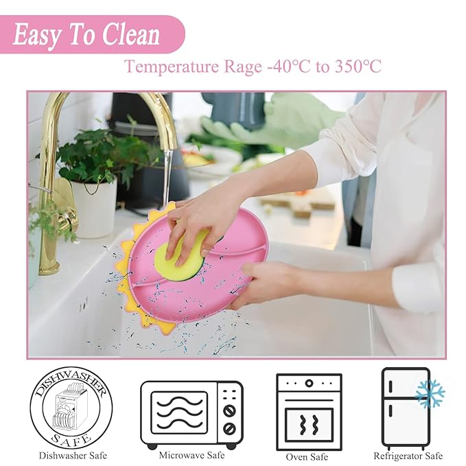 Silicone Suction Plates for Baby Toddler with Spoon Fork set Divided Dinosaurs Plates Self Feeding Training Baby Dinner Plate-Pink Dinosaurs Plate Set